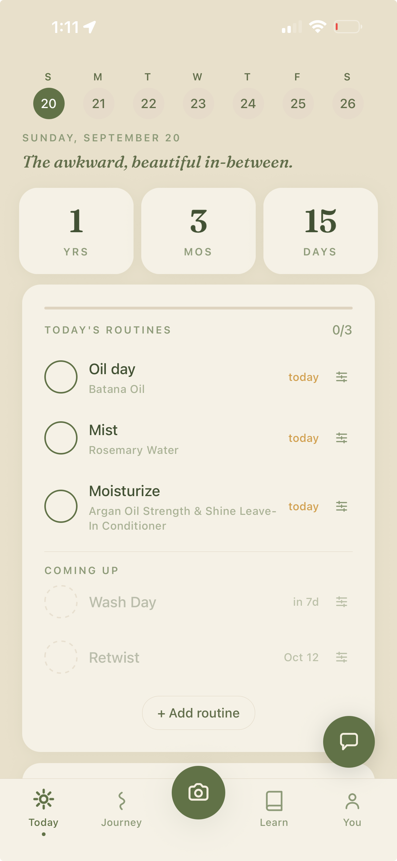 Locy Today screen in light mode showing routines and milestones